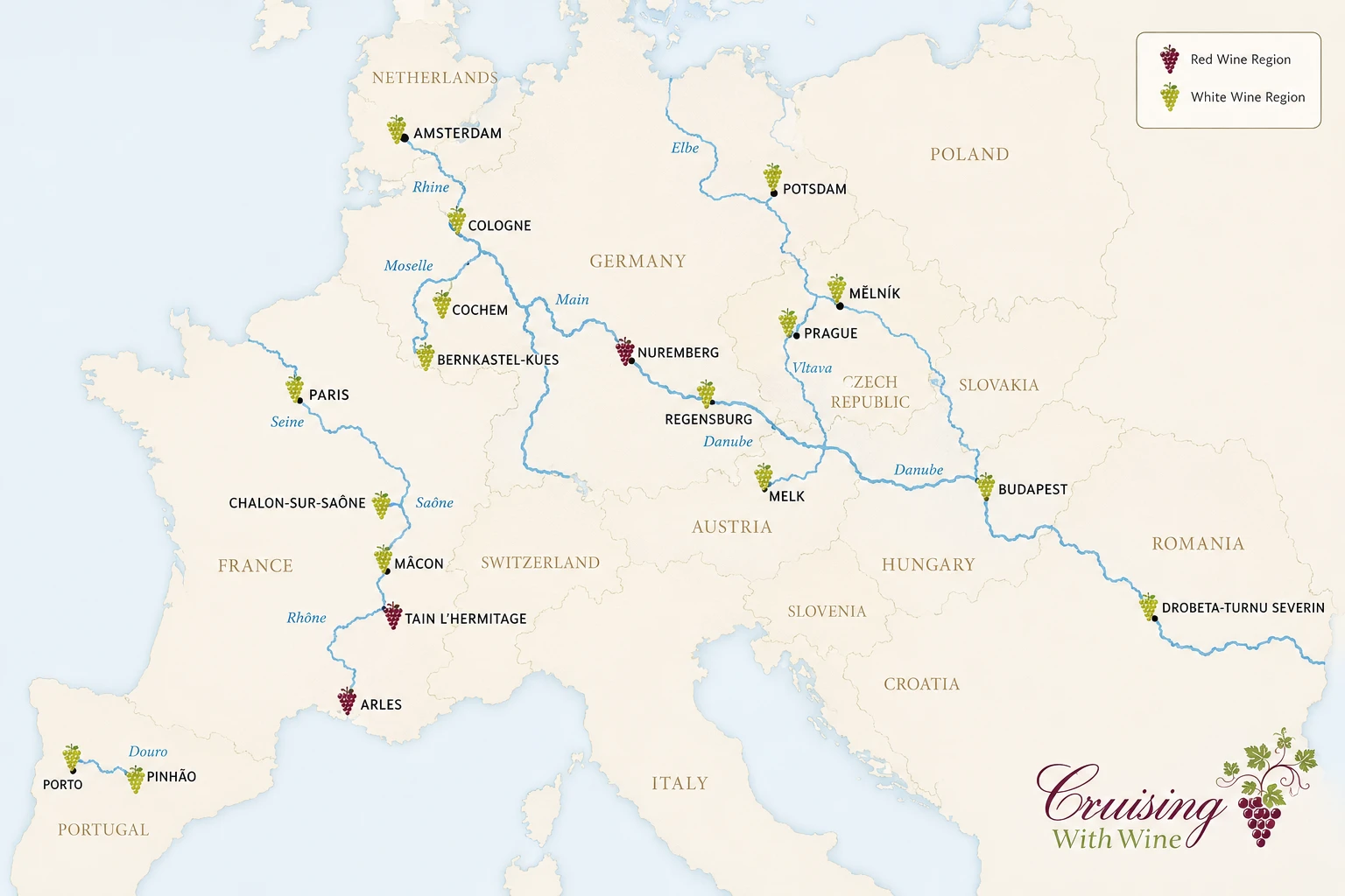 Illustrated map of Western and Central Europe showing the river cruise routes Cruising with Wine covers, with red and white wine region markers at each stop