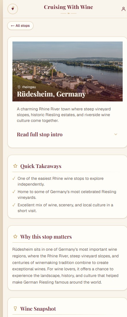 The unlocked Rüdesheim guide in the Cruising with Wine app: hero photo, at-a-glance sommelier facts, signature grapes and styles